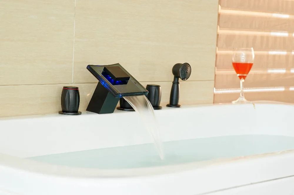 

Deck Mount LED Color Changes Bathroom Tub Faucet Oil Rubbed Bronze Shower Mixer