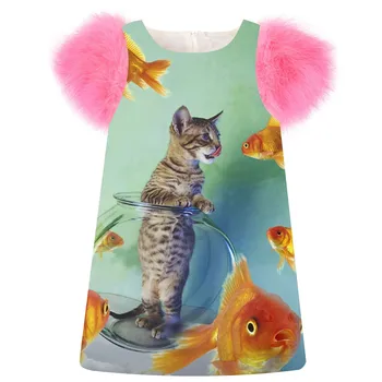 

Girls Dress fashion printing Cats and goldfish Spring/Autumn faux fur sleeve girls dress Toddler Kids Dresses Children Clothing