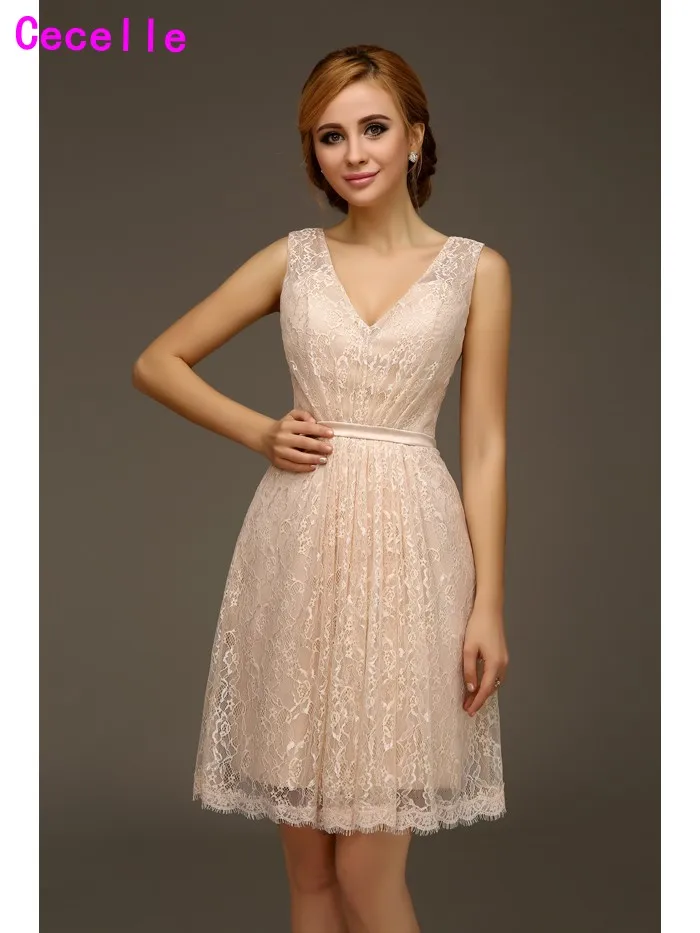 2019 Real Short Champagne Lace Bridesmaid Dresses With Straps V