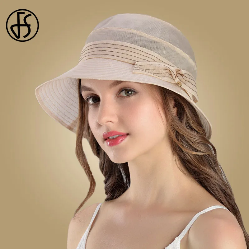 

FS Women Sun Hat Foldable Bucket Hat For Women 100% Silk Wide Brim Floppy Hat Fashion Elegant Beach Lady Church Hats