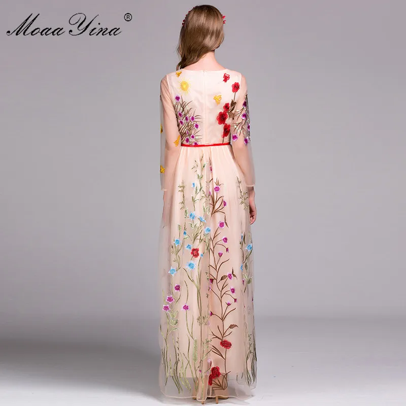 MoaaYina, модное дизайнерское платье для подиума, весеннее женское платье с длинным рукавом, Вышитое цветами, пояс из чистой пряжи, повседневное элегантное платье, 3 цвета