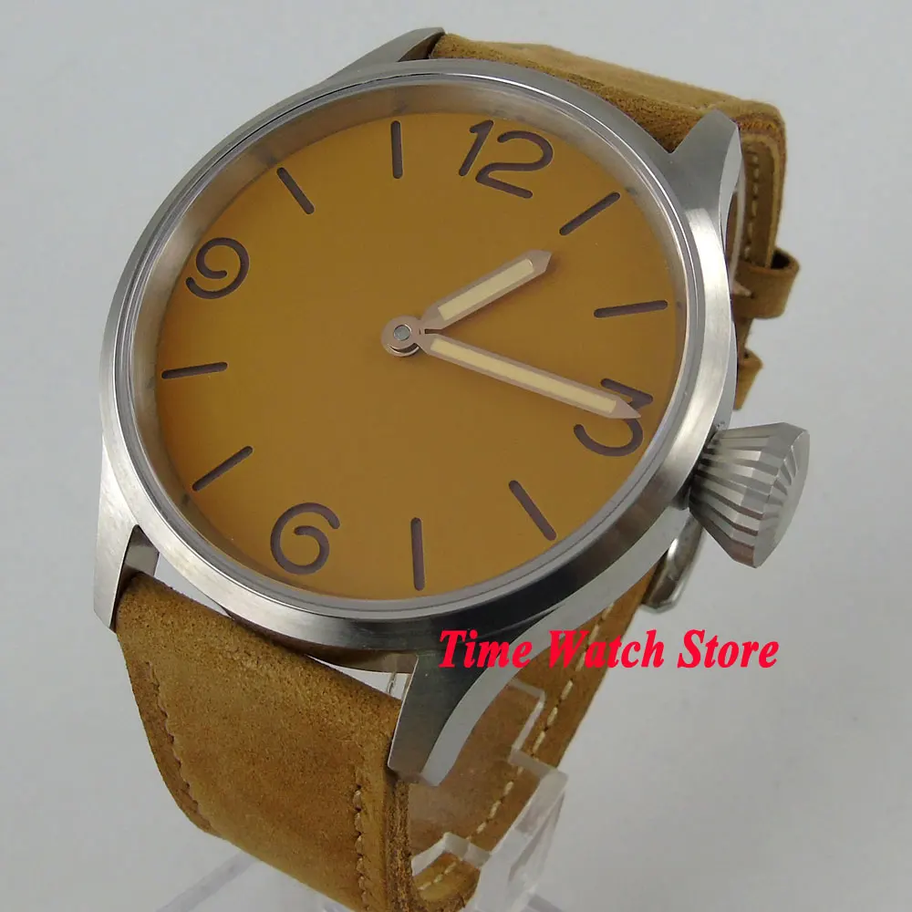 

43mm Men's watch sapphire glass yellow sandwich dial 17 jewels mechanical 6497 hand winding movement 984