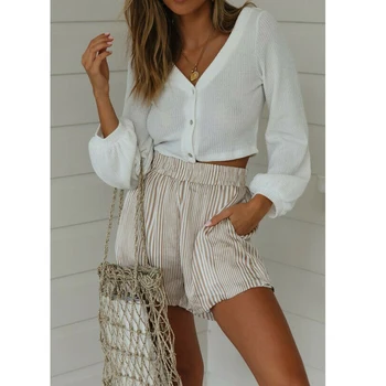

Fashion Women Striped High Waist Shorts Beach Casual Elastic Waist Harem Shorts Summer