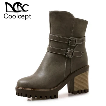 

Coolcept Size 33-43 Women Short Boots Side Zipper Winter Warm Shoes Woman Metal Buckle Platform High Heel Boots Ladies Shoes