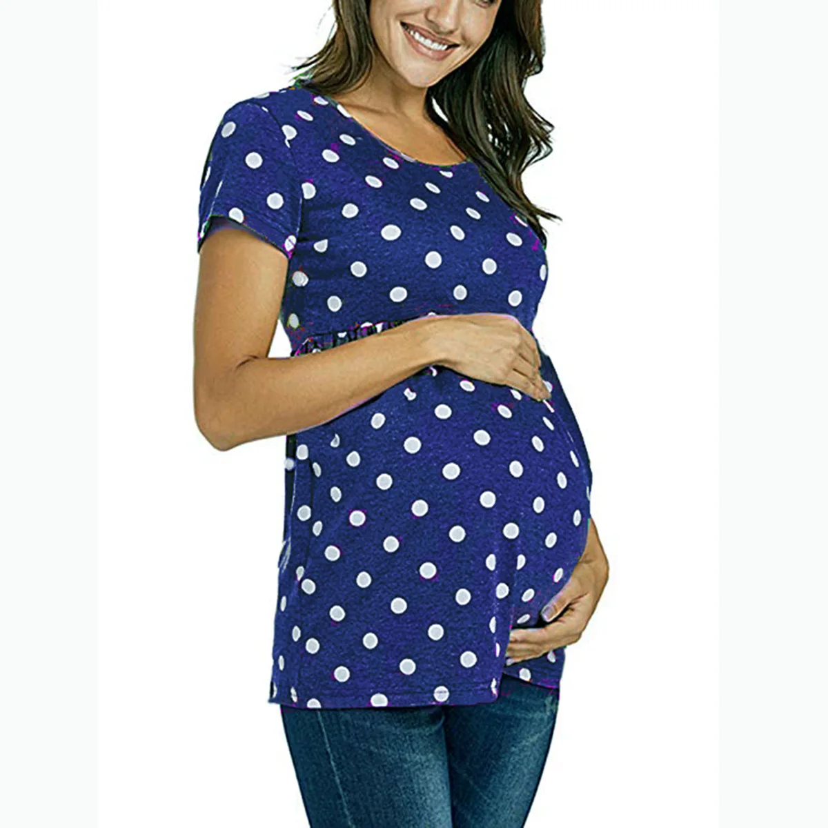 Premama Одежда для беременных женщин в горошек с коротким рукавом рубашка Лето Материнство Дамский круглый вырез