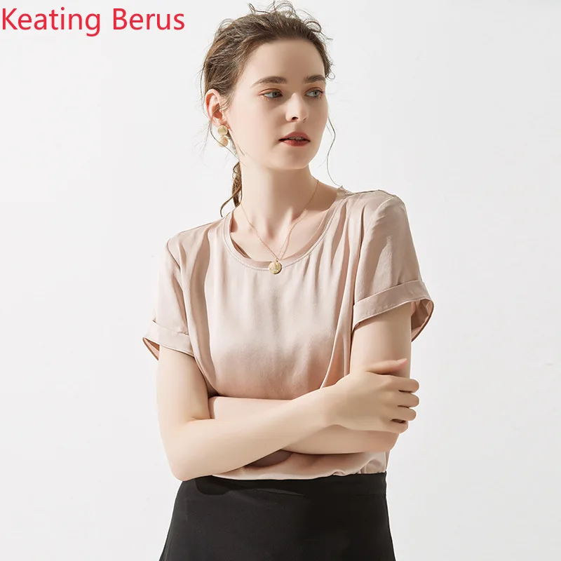 

High-end Women's Summer T-shirt Top 100% Silk Round Neck Short Sleeve Loose Silk Yellow Khaki Pink Women's Shirt 100% Silk 1053