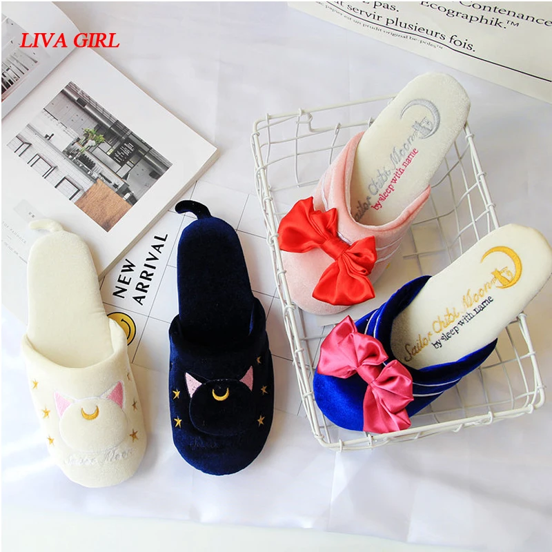 

Anime sailor moon Luna Artemis Sailor Chibimoon bowknot home shoes Velour Slipper costume cosplay