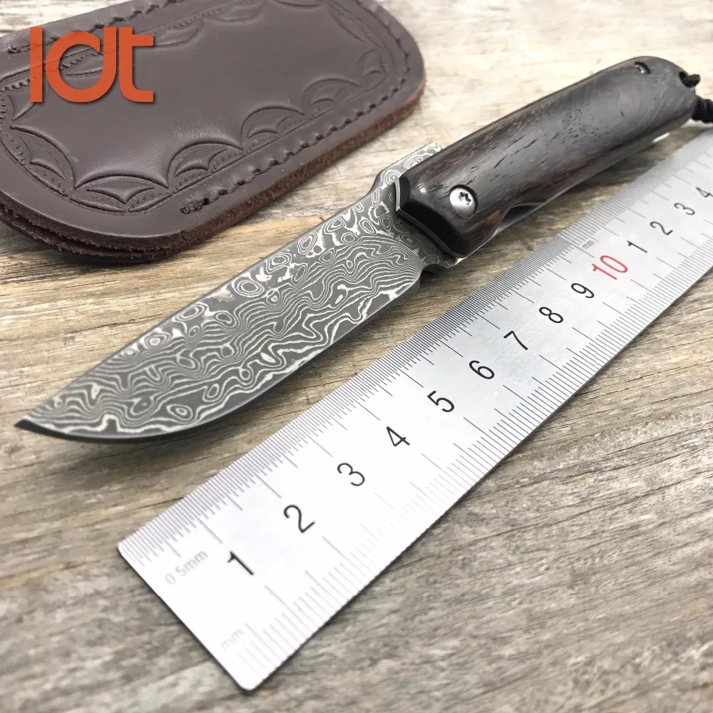 Baratos LDT Judge cuchillo plegable de bolsillo Damasco hoja sandalia mango de madera cuchillos supervivencia caza al aire libre rescate Camping EDC herramientas