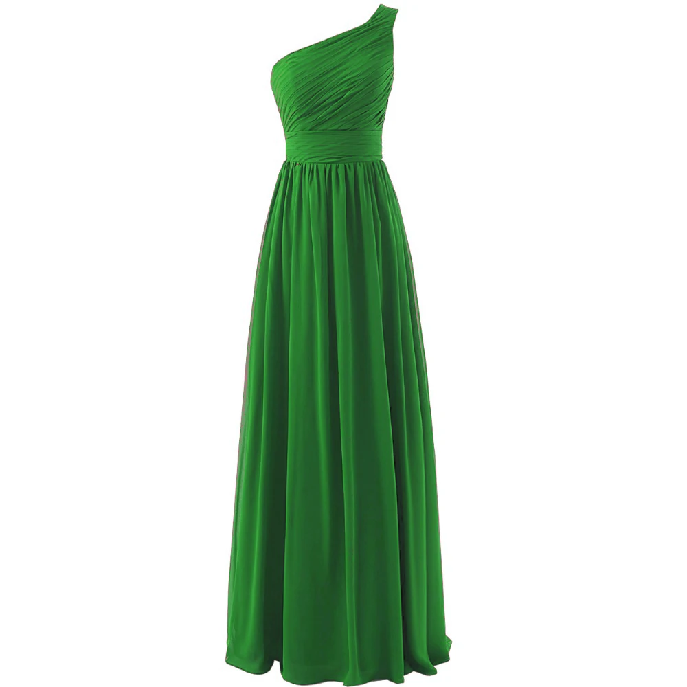 Real Photos Green Bridesmaid Dress One Shoulder Chiffon Ruffled Long