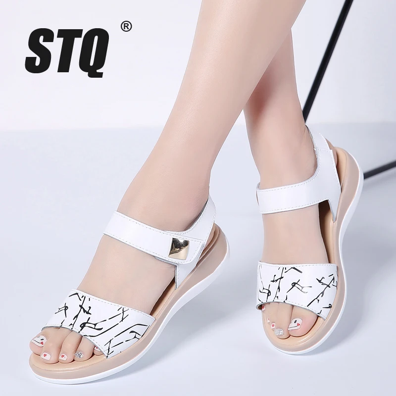 

STQ 2019 Women sandals summer genuine leather flat sandals ankle strap flat sandals ladies white peep toe flipflops shoes 1803