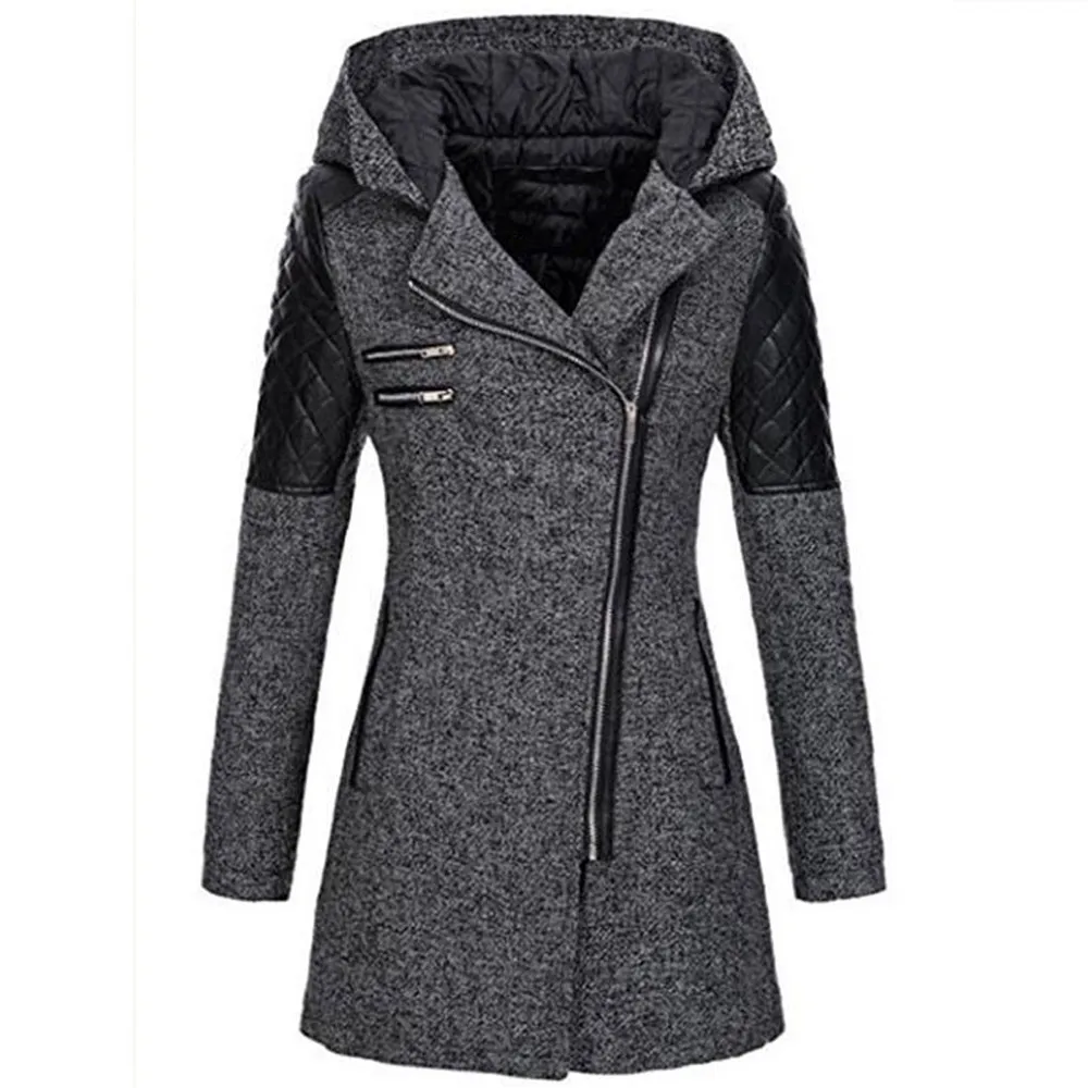 Осенне-зимние женские пальто с капюшоном на молнии, винтажные шерстяные облегающие длинные черные ветрозащитные теплые женские куртки с капюшоном