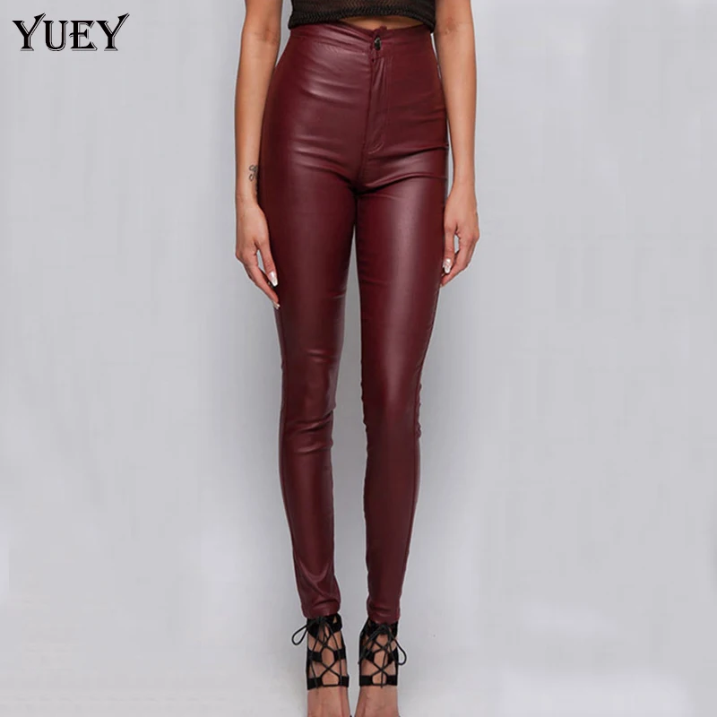 

YUEY 2019 New Women Leather Pants Burgundy High Waist Pencil Feet Slim Motorcycle Europe Style Stretchy Long Tights XS To 2XL