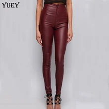 купить! YUEY 2019 Новые Женские Кожаные Штаны Бургундии Высокой Талией Карандаш Ноги Тонкий Мотоцикл Европа