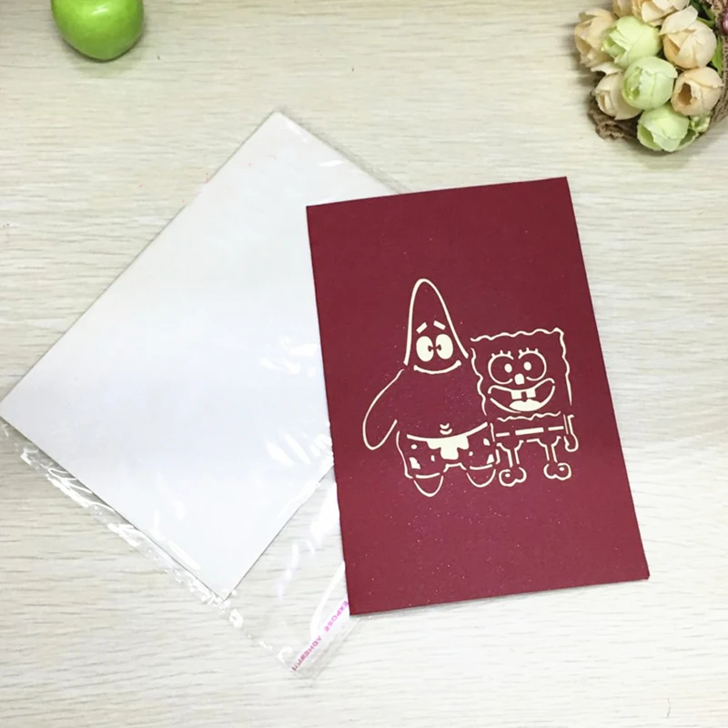 1pcs Sample Sponge baby Cute Handmade 3D Laser Cut Pop Up Krigami Greeting Cards Famouse Cartoon Design Kids Birthday Gifts (2)
