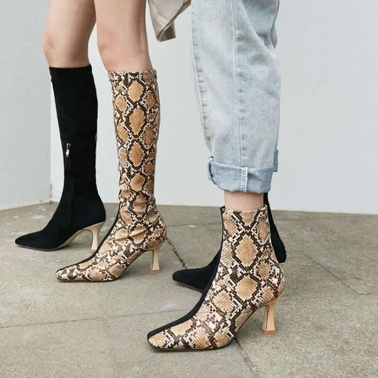 

US4-11 Womens Snake Pattern Stitching Suede Leather Match Colors Knee Thigh&Ankle Boots Stilettos Heel Spring&Winter Shoes Plus