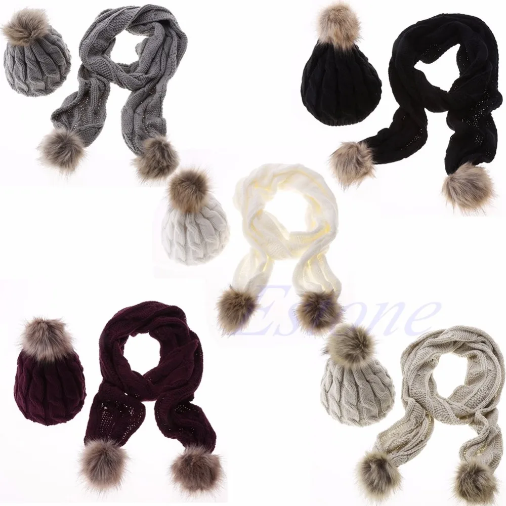 

Winter Warm Women Fashion knitted Scarf and Hat Set Crochet Cap Beanie Hat