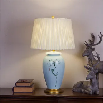 

High End Elegant Blue Hand Painted Lotus Chinese Ceramic Led E27 Table Lamp for Wedding Home Decor Living Room H 62cm 1627