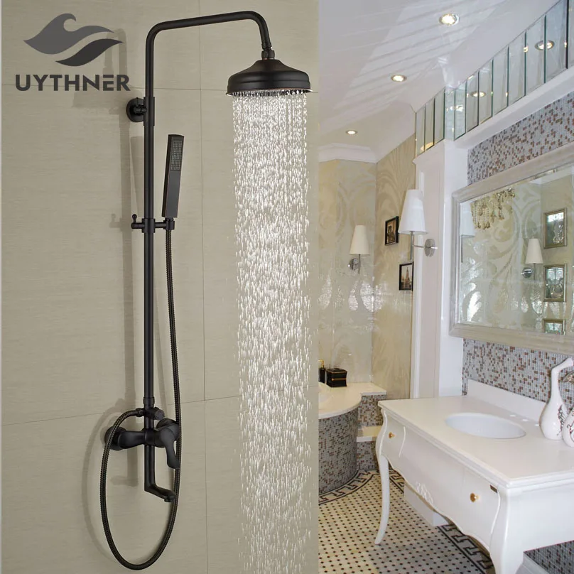 

Newly Oil Rubbed Bronze 8" Shower Faucet Set w/ Hand Shower Wall Mounted Rain Shower Tub Mixer Faucet