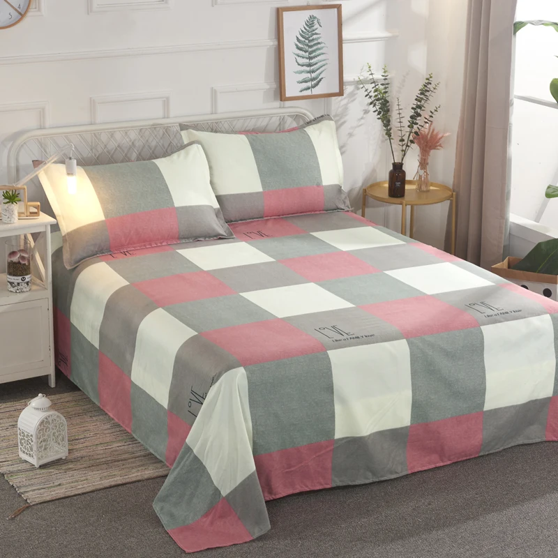 Plaid Polyester Flat Sheet Kids Adults Twin Queen size 3Pcs Ultra Soft Bed Sheets set Pillow shams Wrinkle Resistant Not Fade