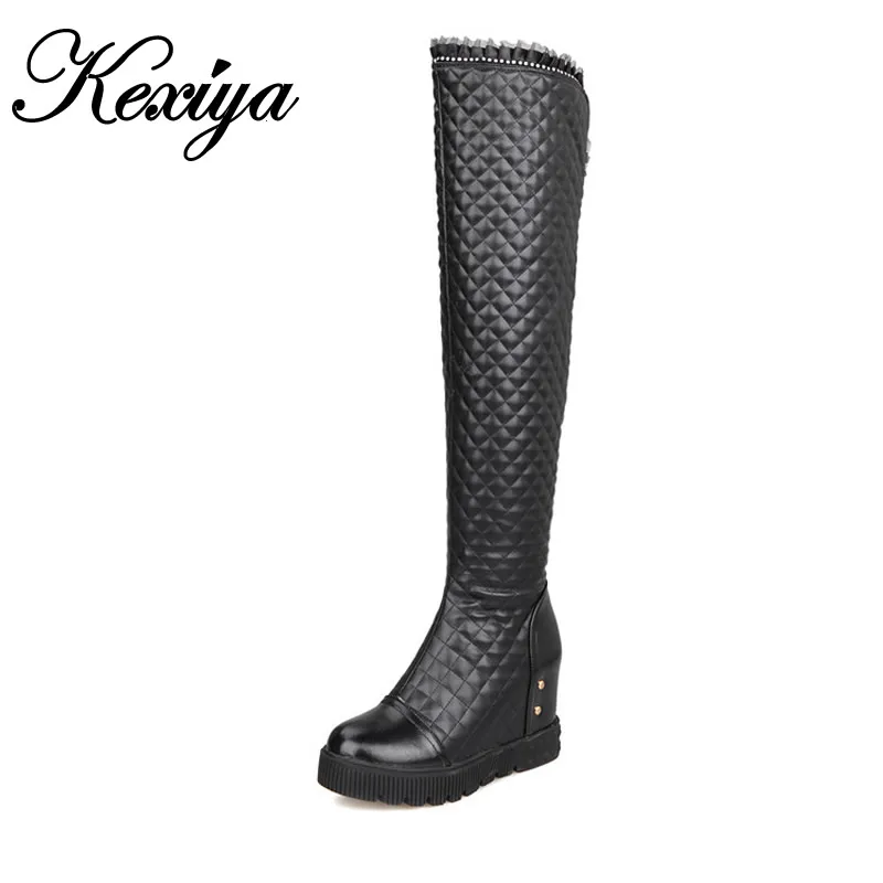 

2015 New big size 34-44 women shoes Fashion Round Toe Height Increasing high heel botas lace up thigh high boots AYY-906