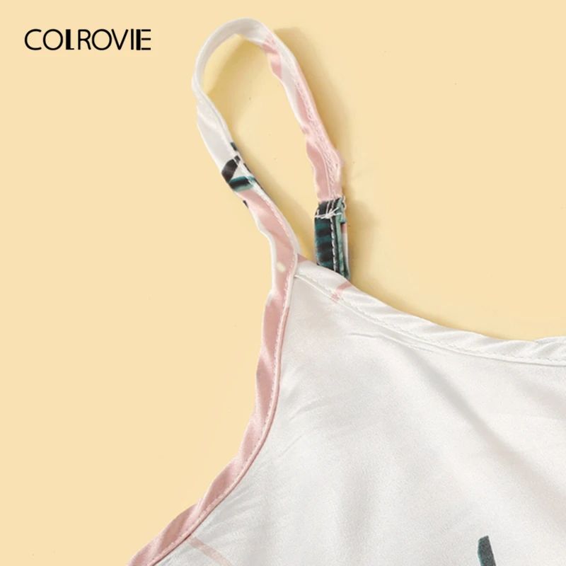 Женский пижамный комплект COLROVIE атласный топ на бретелях с тропическим принтом и