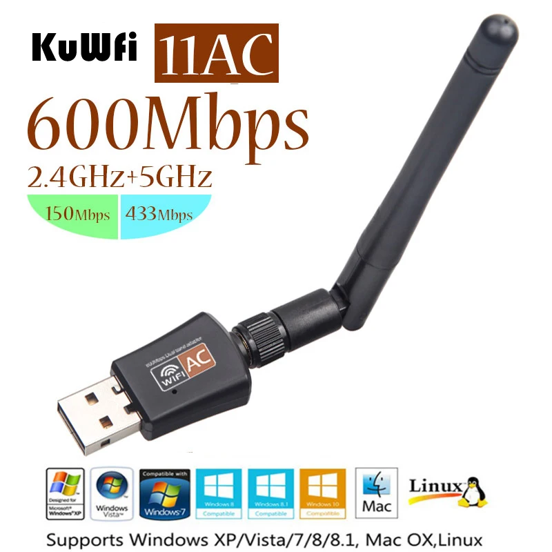 

KuWfi 11AC 600Mbps 2.4G 5G Dual Band 2dBi Antenna Wireless USB Adapter Home Network Card Mini USB WIFI Dongle For Windows/Mac