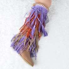 Новые женские сапоги на танкетке с бахромой; женские сапоги до колена без застежки с бахромой; Разноцветные туфли на среднем каблуке; женская обувь; botas mujer