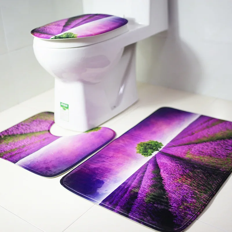 3 PCS Toilet Seat Cover Floral 3D Printed Anti slip Bath Mat Washable ...