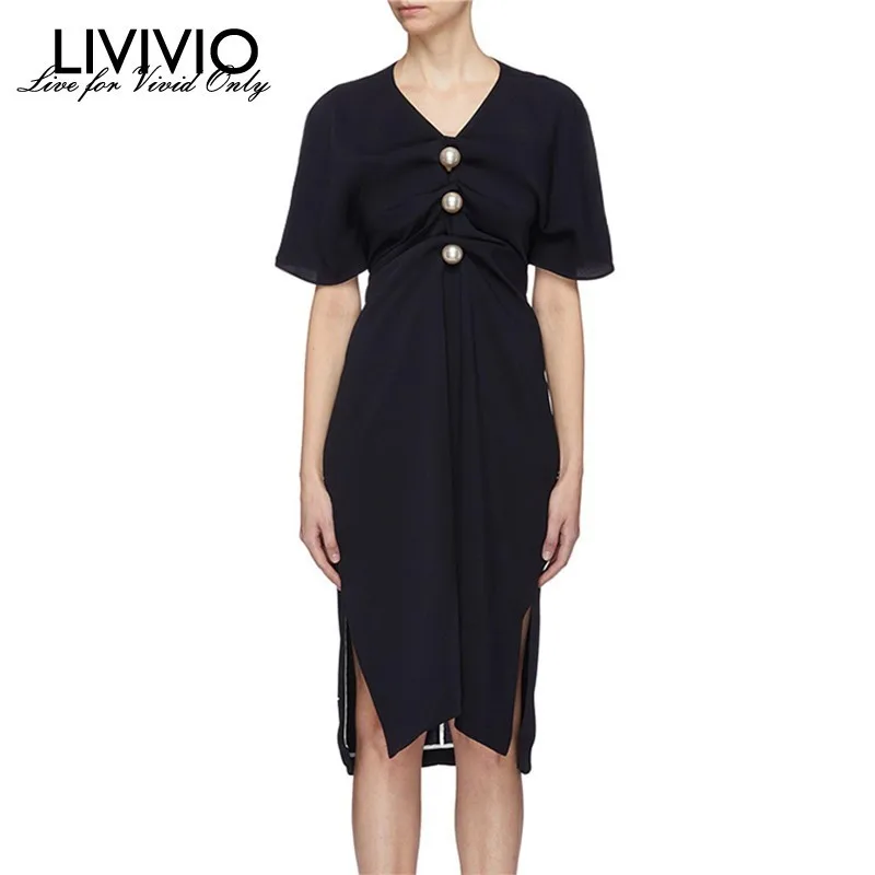 

[LIVIVIO] Summer Slim Dress For Female V Neck Short Sleeve High Waist Ruched Pearl Button Side Split Dresses Women 2019