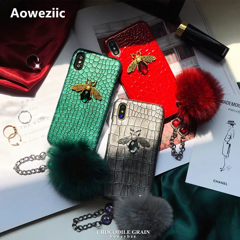 Aoweziic Европейский стиль крокодиловый узор Роскошный пчела драгоценный камень браслет для iPhone X XS MAX XR чехол для телефона волосы мяч 6 S 7 8 plus