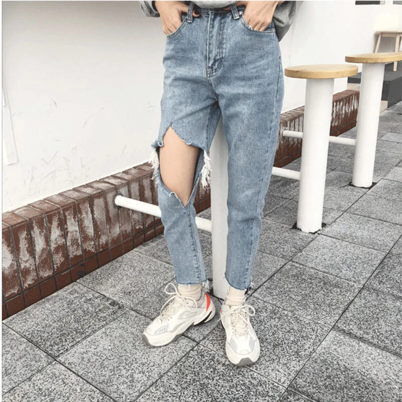 

2019 Spring Jeans High Waist Straight Loose Wide Leg Pants Retro Old Torn Edge Ripped Jeans Women Calca Jeans Feminization
