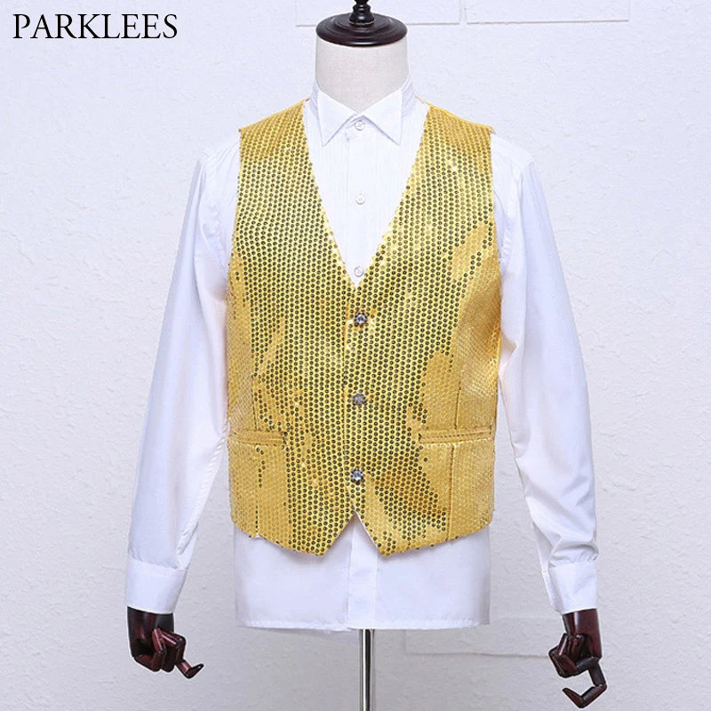 

Shiny Gold Sequins Suit Vest Men 2018 Brand Single Breasted Party Mens Glitter Vests Singer DJ Nightclub Party Prom Gilet Homme