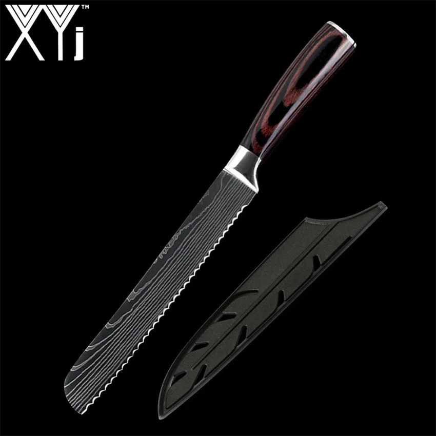XYj японские кухонные ножи из нержавеющей стали имитация Дамасского узора нож шеф-повара Santoku Кливер нож для нарезки нож инструмент - Цвет: 8 inch bread knife
