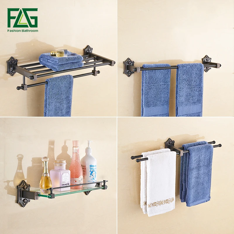 

FLG Bathroom Hardware Black Bronze Brass Carved Base Towel Bar Robe hook Paper Holder Soap Dishes Wall Mounted Towel Ring