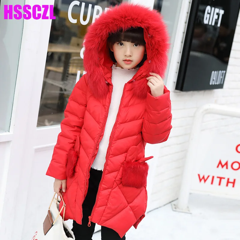 

HSSCZL Girls Down Jackets 2017 Brand Winter Thicker Children Girl Down Coat Hooded long style overcoat outerwear parkas 7-14A