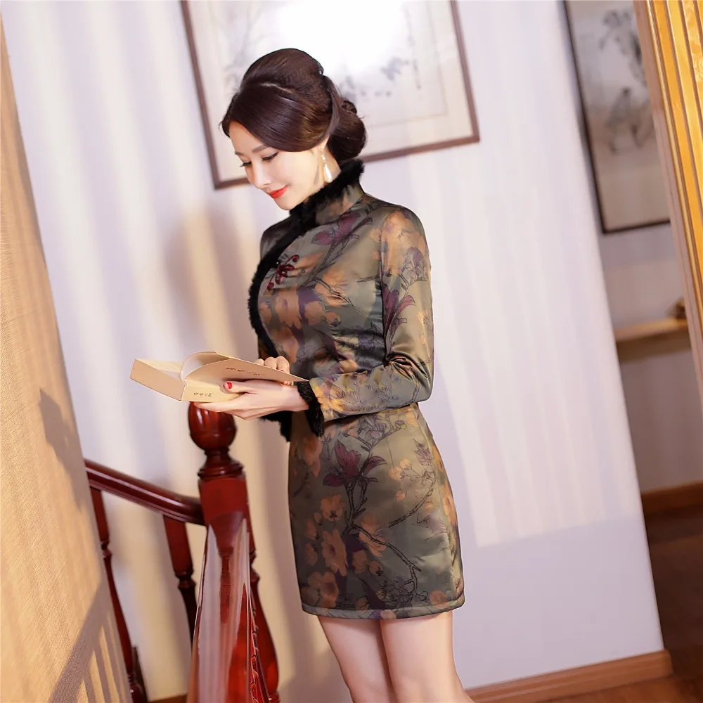 Шанхай история искусственного меха смесь шерстяное Qipao осень зима китайское платье Чонсам с длинным рукавом платье длиной до колена восточное платье
