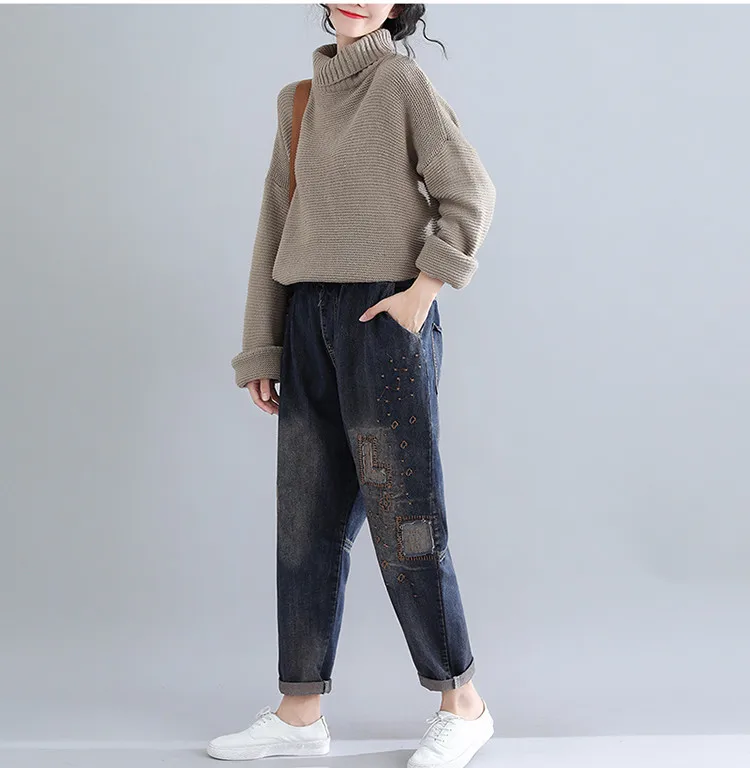 Новинка, женские джинсовые штаны-шаровары с эластичной резинкой на талии и вышивкой
