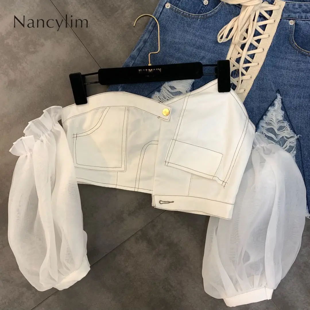 

2019 Summer New Sexy Off Shoulder Bubble Sleeve Short Leakage Cord Shirt T Shirts Girl Lady Short Tops Vestido Nancylim Top