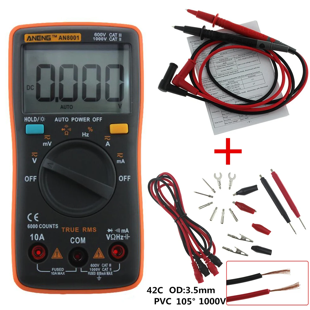 

ANENG AN8001 Digital Multimeter 6000 Counts Backlight AC/DC Ammeter Voltmeter Ohm Portable Meter Crocodile clip test line