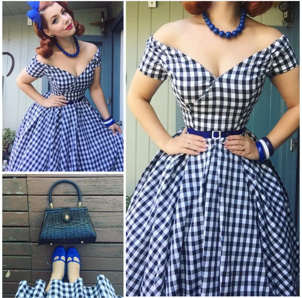 30-летние женские винтажные 50s gingham с открытыми плечами лодочкой шеи свинг-платье рокабилли pinup vestidos размера плюс платья jurken robe