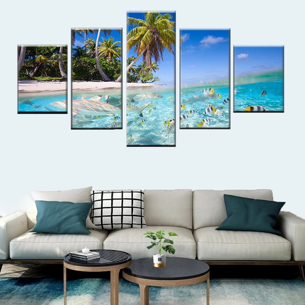 

5 Panel Coconut Tree Ocean World Poster Modern Abstract Wall Art Picture Home Decoration Frame Living Room HD Print