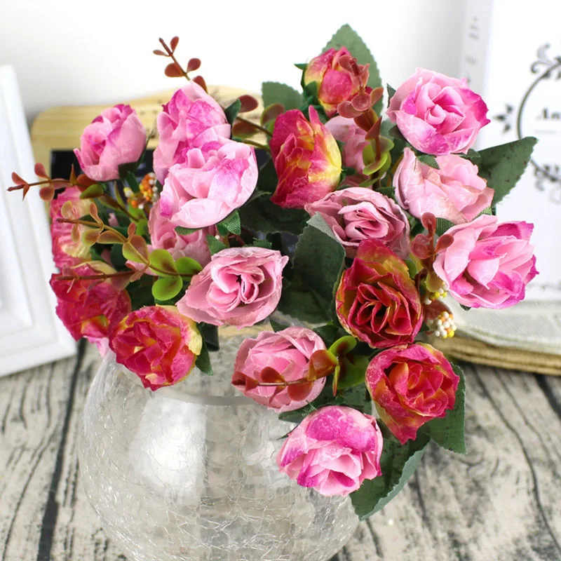 Flone Artificial Silk Rose Bouquet Fake Flowers Home Wedding Display Flower European Rose Small Bouquet Party Decoration (8)