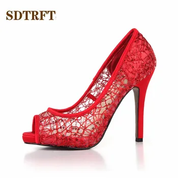 

SDTRFT Summer Stilettos 11cm Thin High Heeled Peep Toe RED LACE hollow out shoes woman sexy Lady Bridal pumps Plus:35-43
