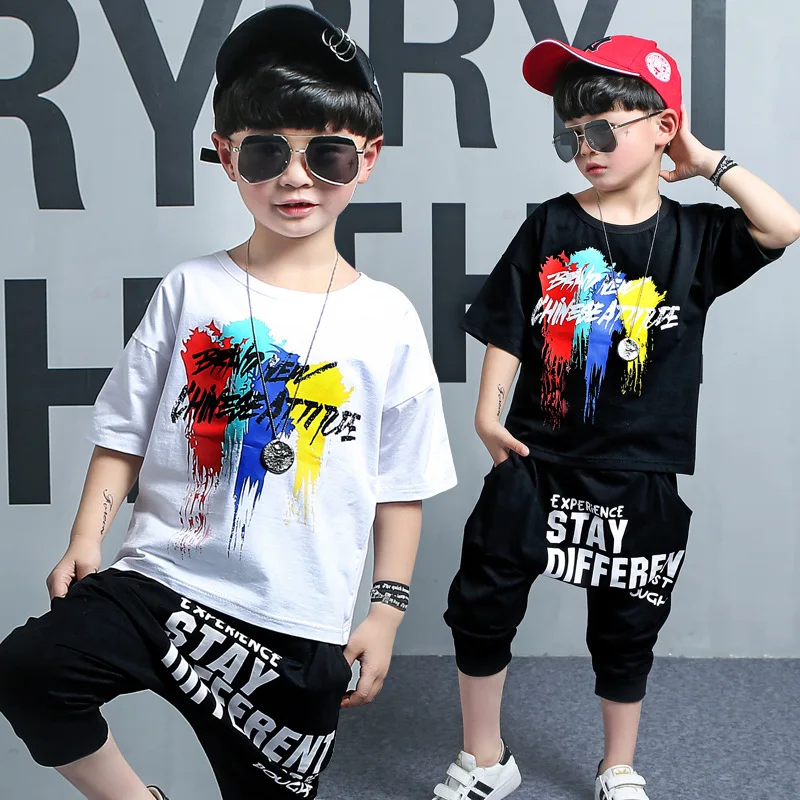 

kids clothes Boys Fashion Set 2019 Summer New Boys Doodle Short Sleeve T-Shirt Cotton Harlan Pants Handsome Set