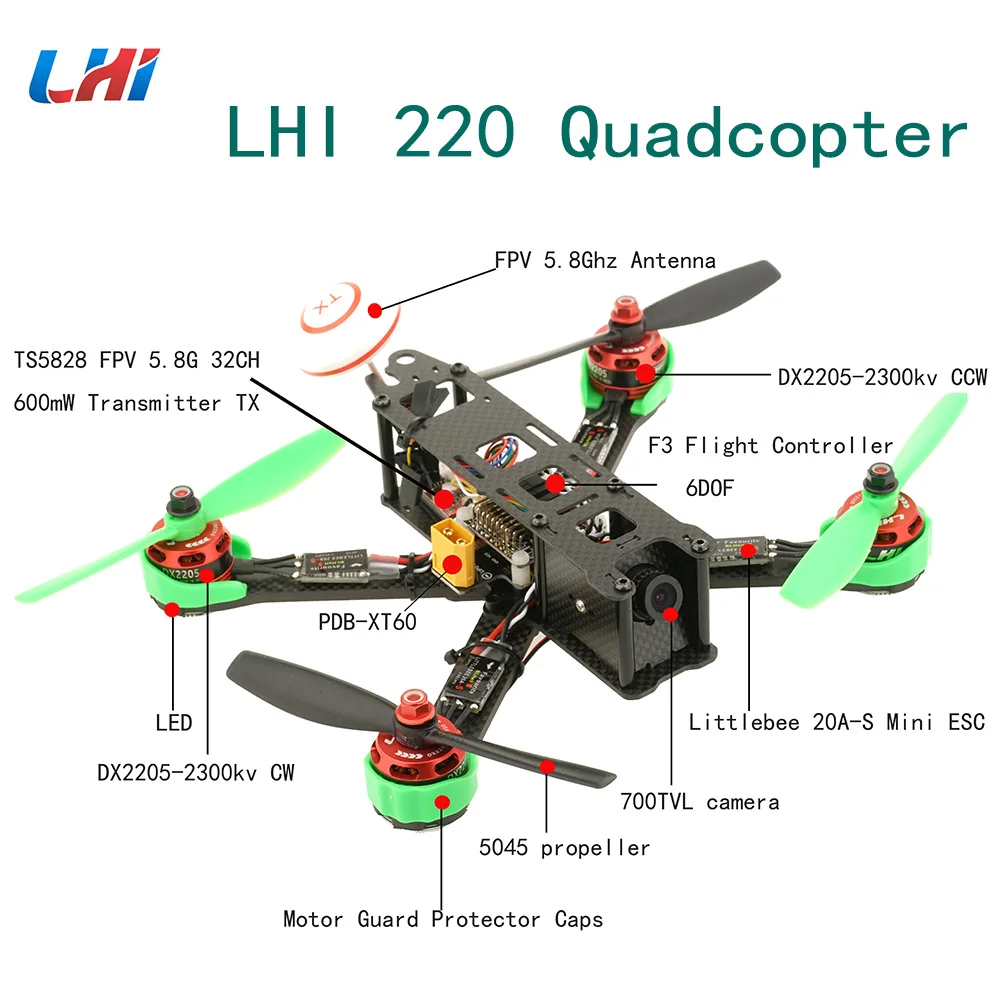 LHI RC drone frames 220 Квадрокоптер полный комплект из углеродистой рамы+ DX2205 2300KV бесщеточный двигатель+ Littlebee 20A Mini ESC+ 5045 пропеллеры