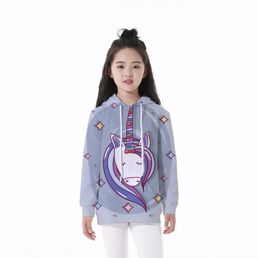 Girls 4-12 Y Spring Autumn Hooded Long Sleeve 3D Digital Print Stars &amp Unicorn Pattern Hoodies Casual Loose Fit | Детская одежда и