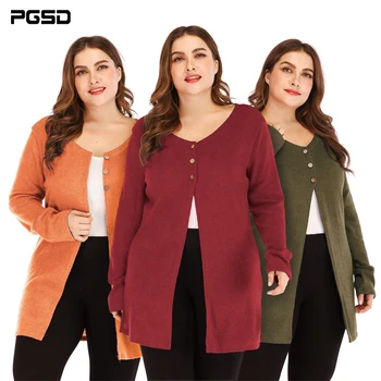 

PGSD Autumn winter solid simple Big size Women clothes Button Knitted sweater Fork opening Casual Long sleeve soft Cardigan XXXL