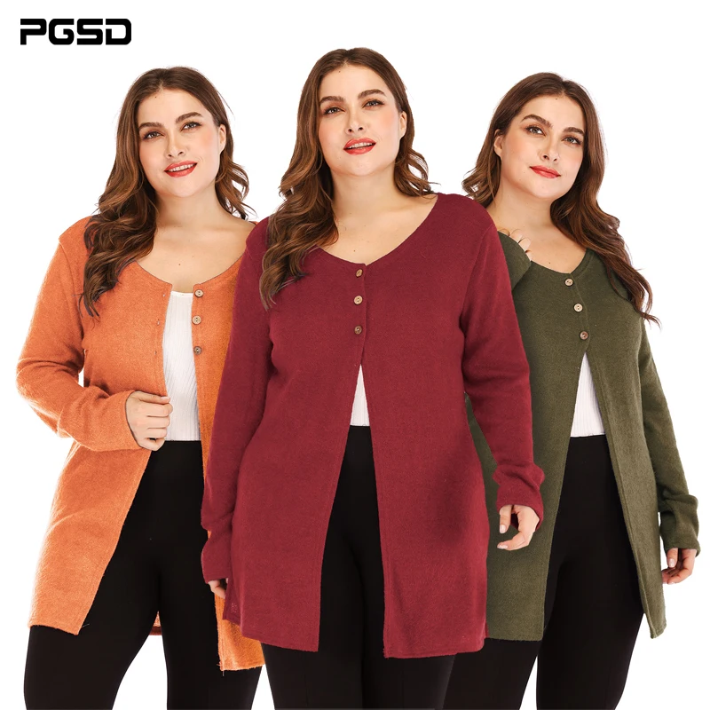 

PGSD Pure color simple fashion Comforta soft Big size Women's clothes Knitted sweater Fork opening Casual Long sleeves Cardigan