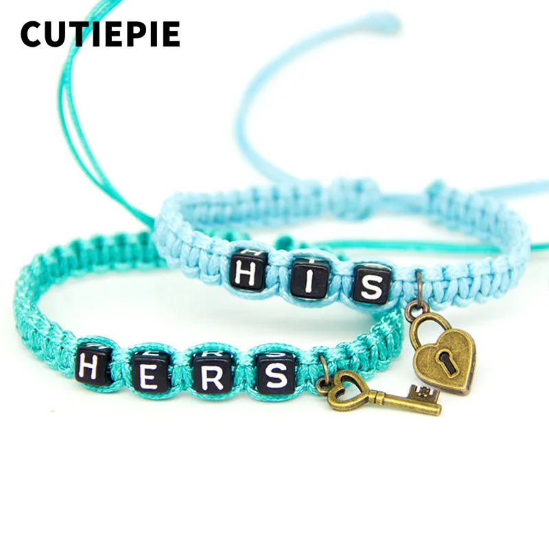

2pcs/pair Fashionable Romantic Couple Bracelets Blue His And Hers With Key Lock Rope Chains Lovers Gift Handmade Charm Bracelet