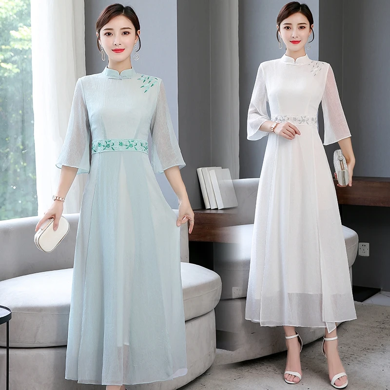 

2019 modern chinese dress qipao cheongsam evening party gowns for women ladies floral print chiffon half sleeeve oriental dress